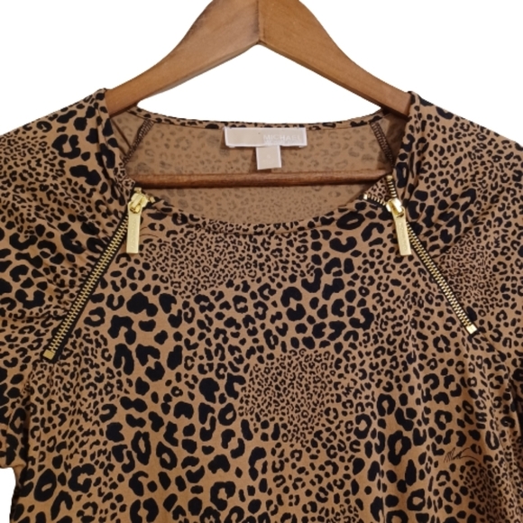 MICHAEL Michael KORS Cotton Modal Animal Leopard Print Blouse Top Gold Zipper - Picture 3 of 5
